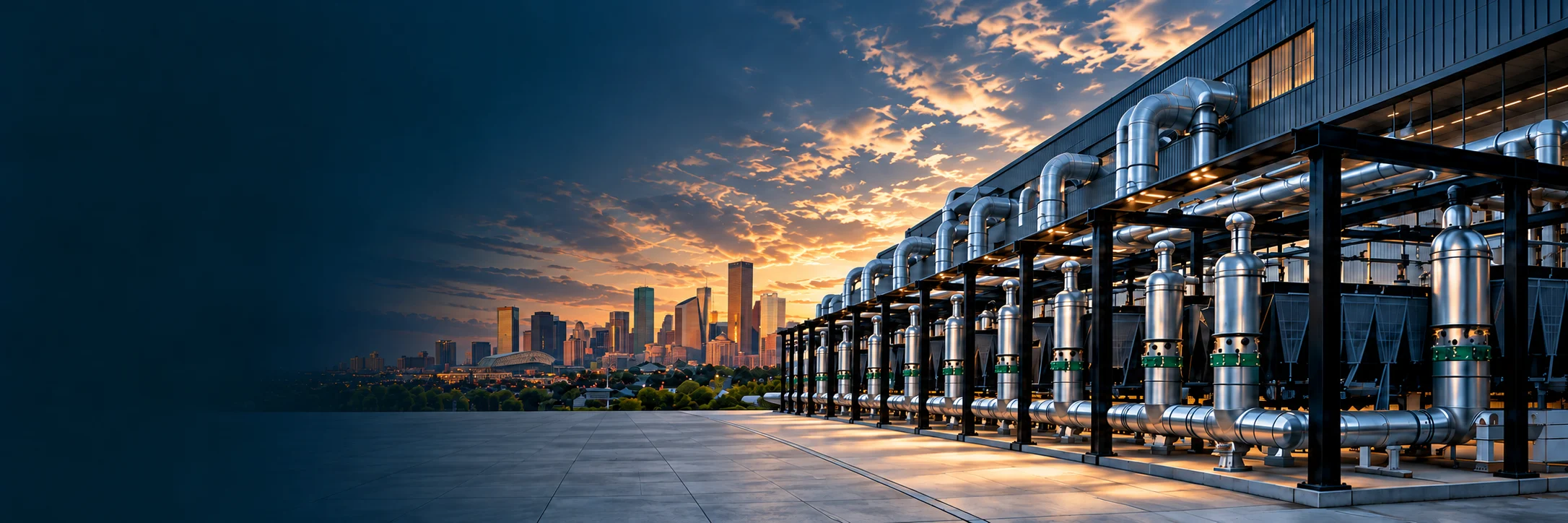 Illustrative chilled-water infrastructure with a Houston-inspired downtown skyline at dusk