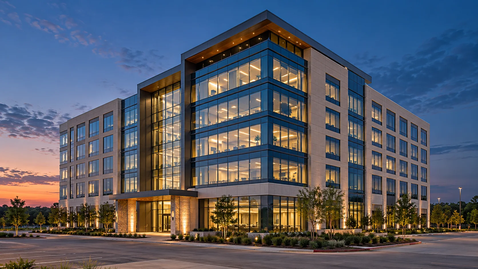 Illustrative commercial office building at dusk