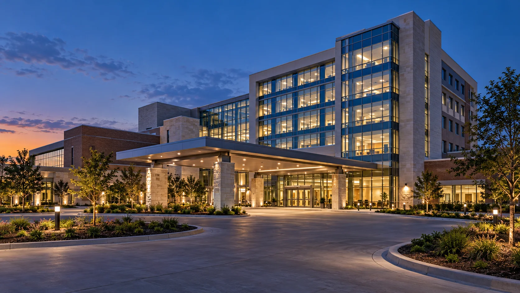 Illustrative hospital campus with a covered entrance