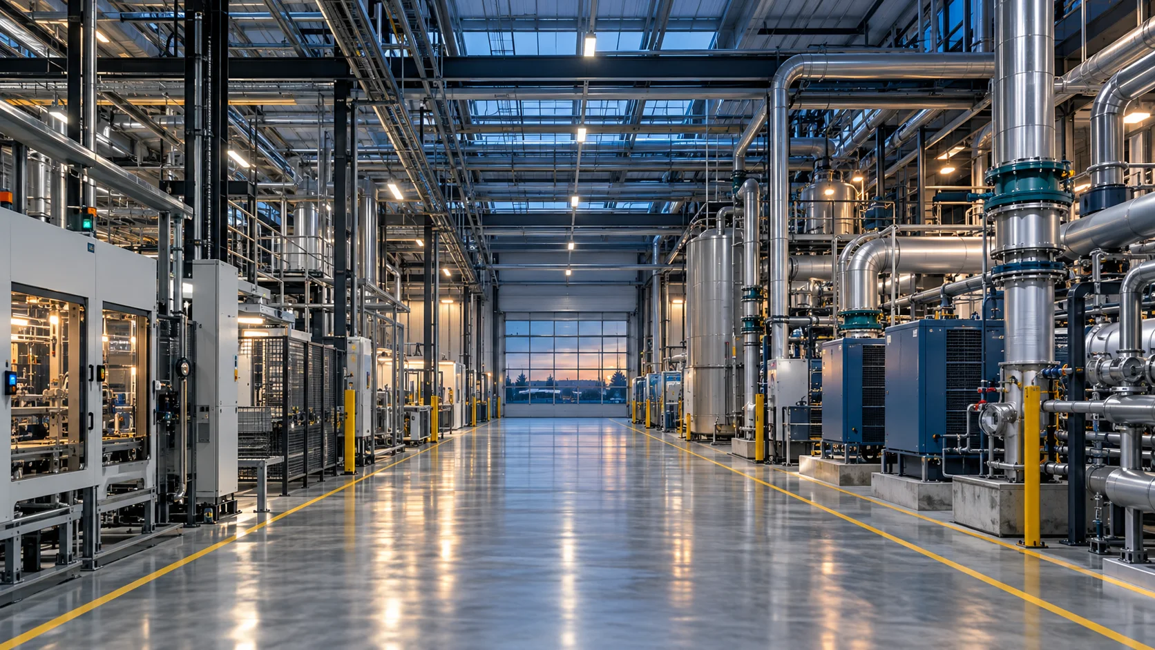 Illustrative high-tech manufacturing hall with integrated industrial utility infrastructure