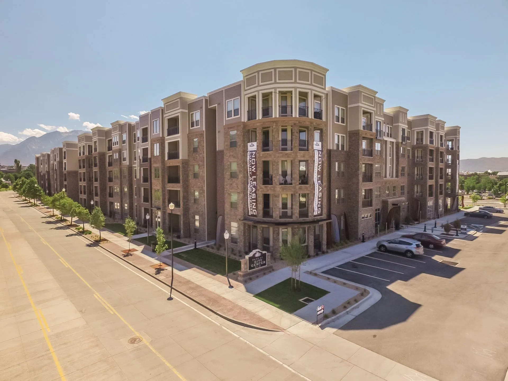 Aerial view of the five-story Park at City Center apartments in Sandy, Utah