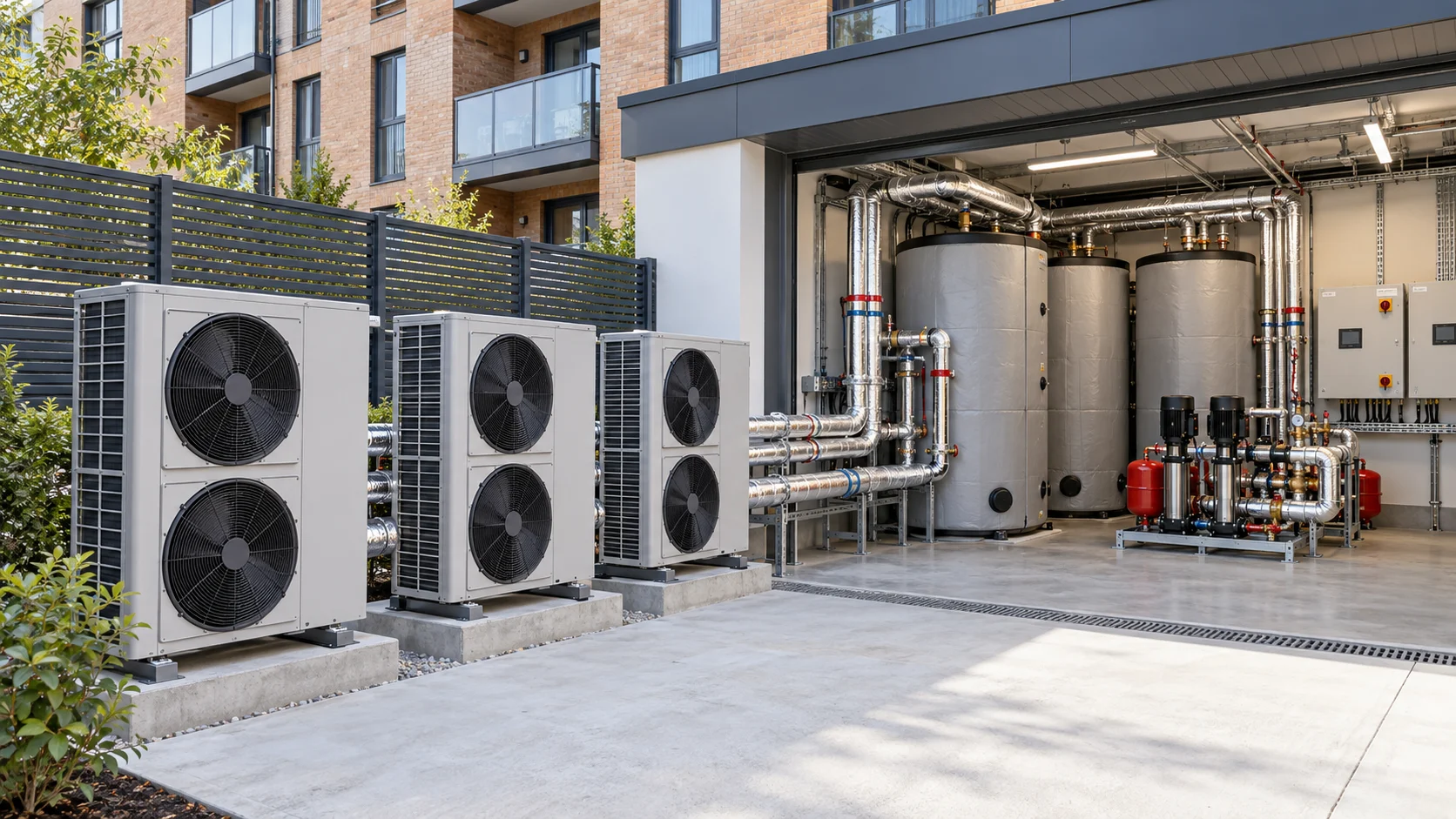 Illustrative multifamily all-electric hot-water installation with heat-pump equipment and storage tanks